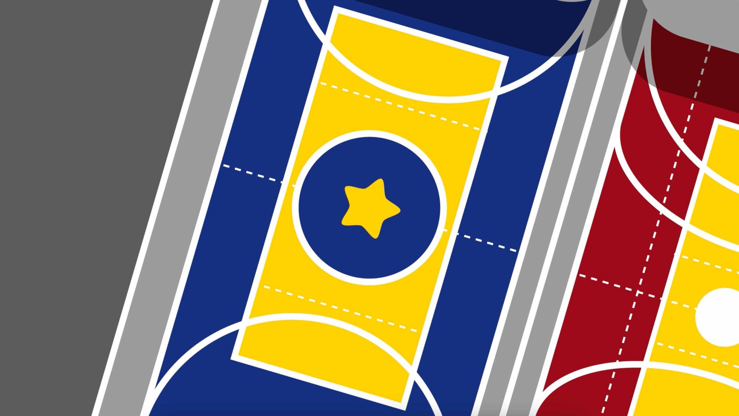 Quadra de esportes colorida com estrela amarela no centro, fundo azul e amarelo, design gráfico moderno.