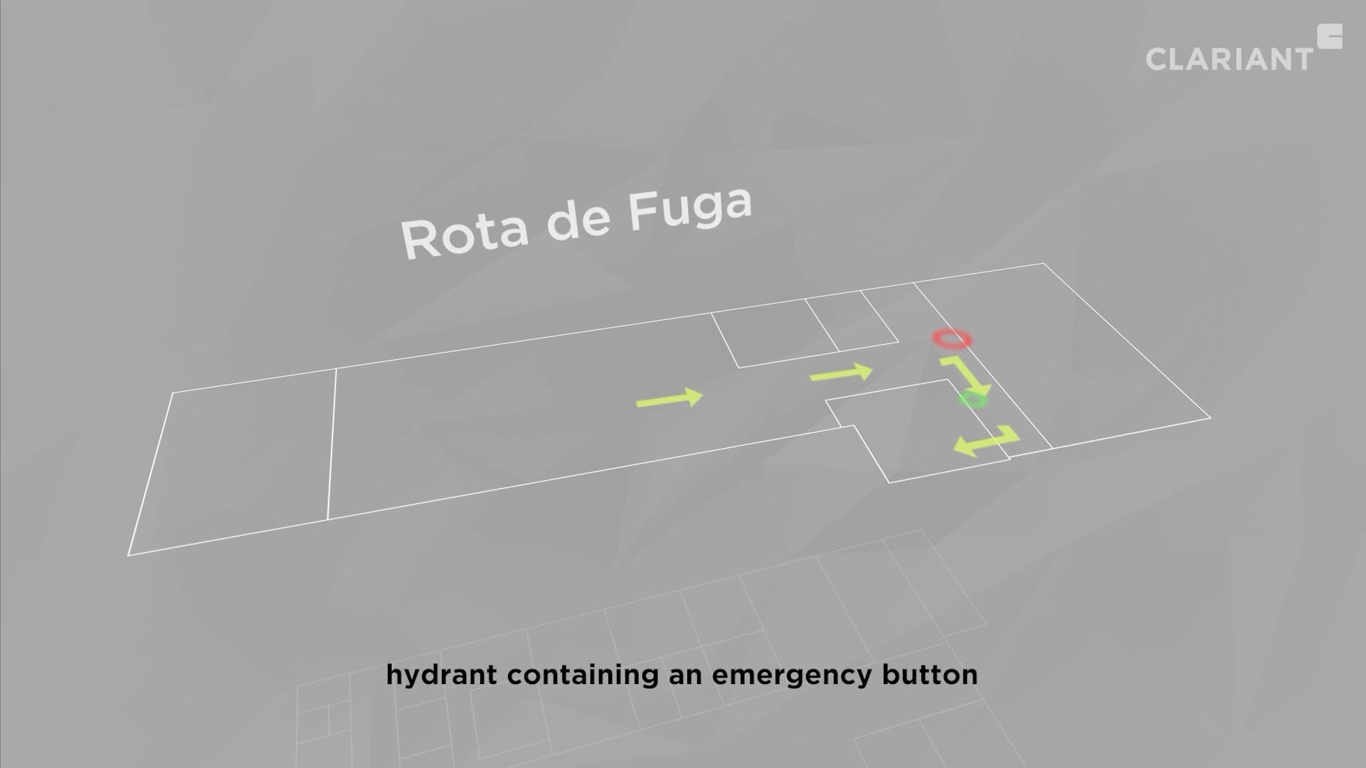 Mapa de rota de fuga com setas verdes indicando o caminho e hidrante com botão de emergência em destaque.