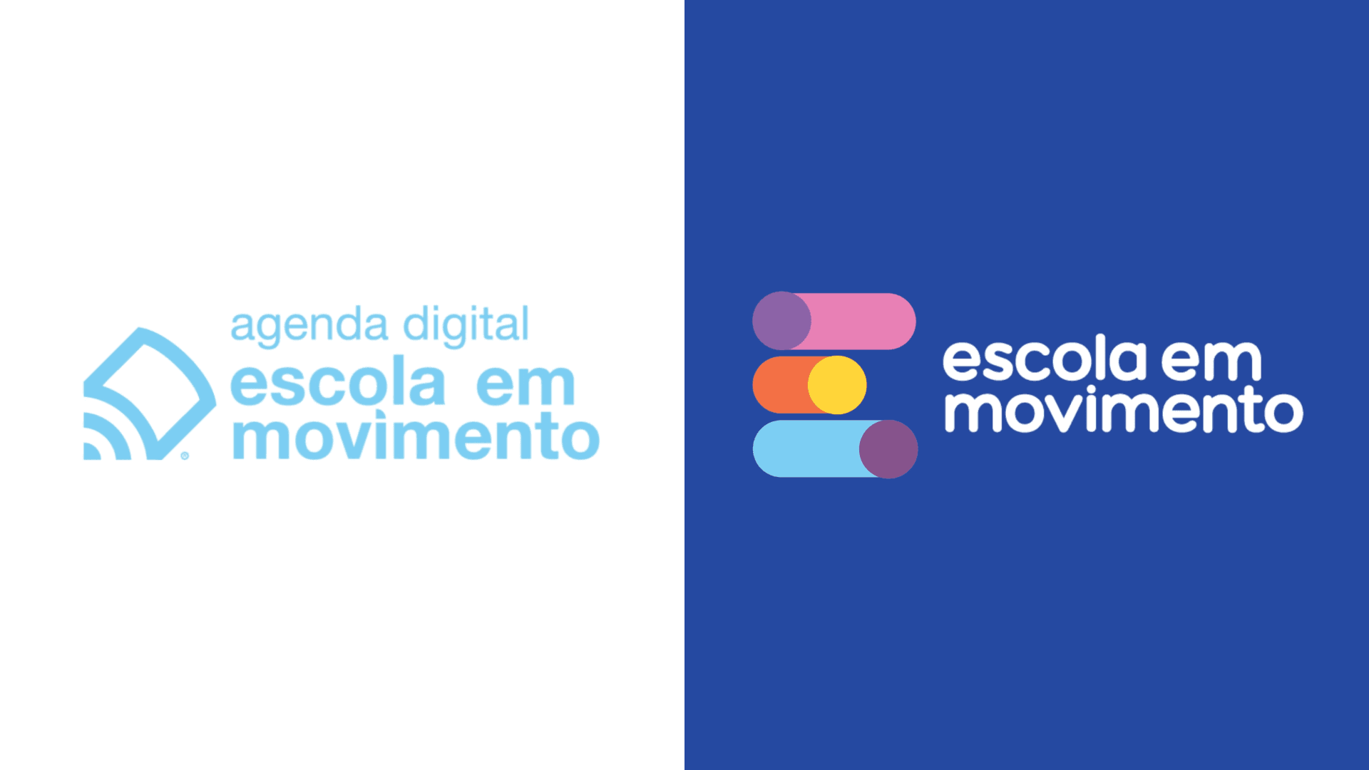 Logotipo da Escola em Movimento com design colorido e fundo azul. Transformação digital educacional.