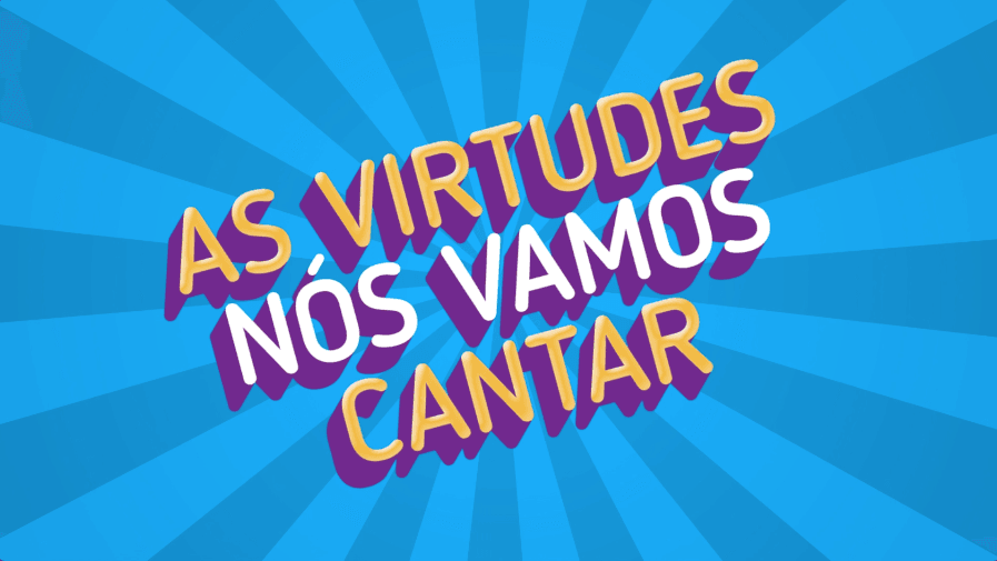 Texto colorido com As virtudes nós vamos cantar em fundo azul radial.