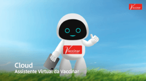 Robô Cloud, assistente virtual da Vaccinar, em um campo verde sob céu azul. Nutrição animal.