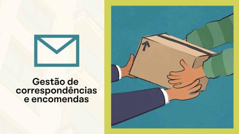 Entrega de encomendas: ilustração de mãos passando caixa, ícone de envelope e texto sobre gestão de correspondências.