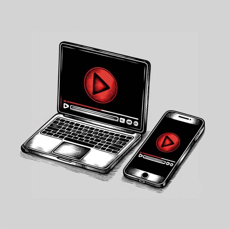 Computador e smartphone com ícones de reprodução em vermelho, representando streaming de vídeo.