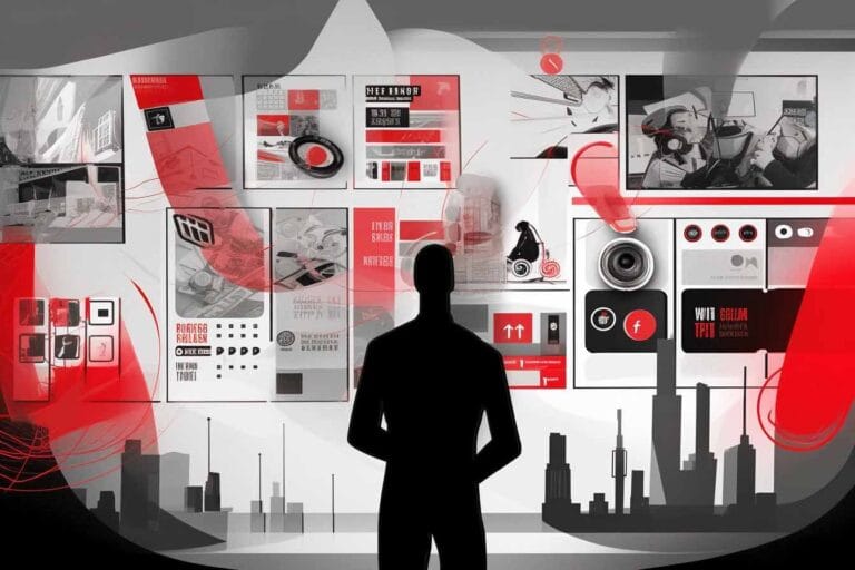 Silhueta masculina em frente a um painel digital vermelho e cinza com gráficos e telas futuristas.