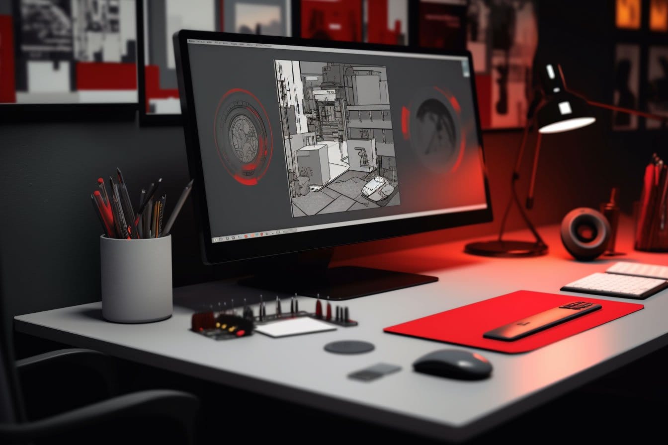 Mesa de trabalho moderna com monitor, teclado e acessórios em tons de vermelho e preto, ambiente de design gráfico.