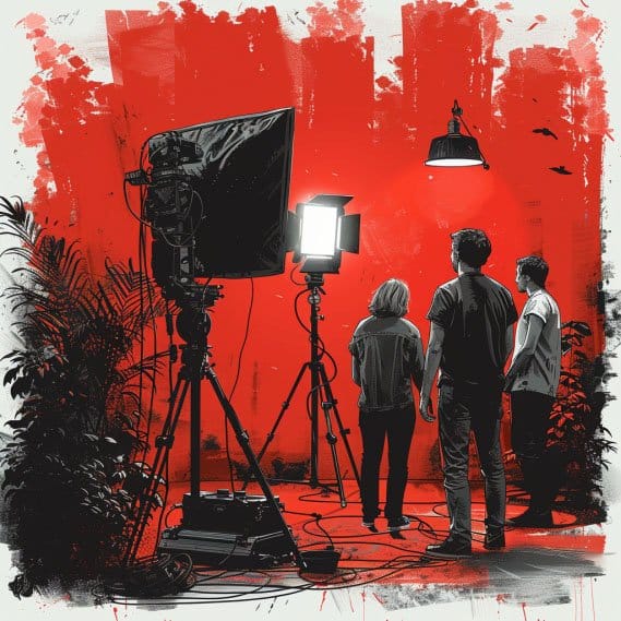 Cenário de filmagem com fundo vermelho, três pessoas e iluminação profissional, ideal para produções audiovisuais.