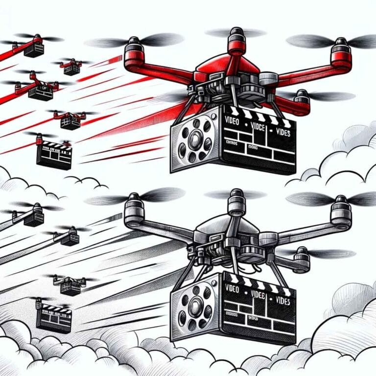 Drones voando carregando câmeras e clapperboards em um céu nublado, simbolizando filmagem aérea.