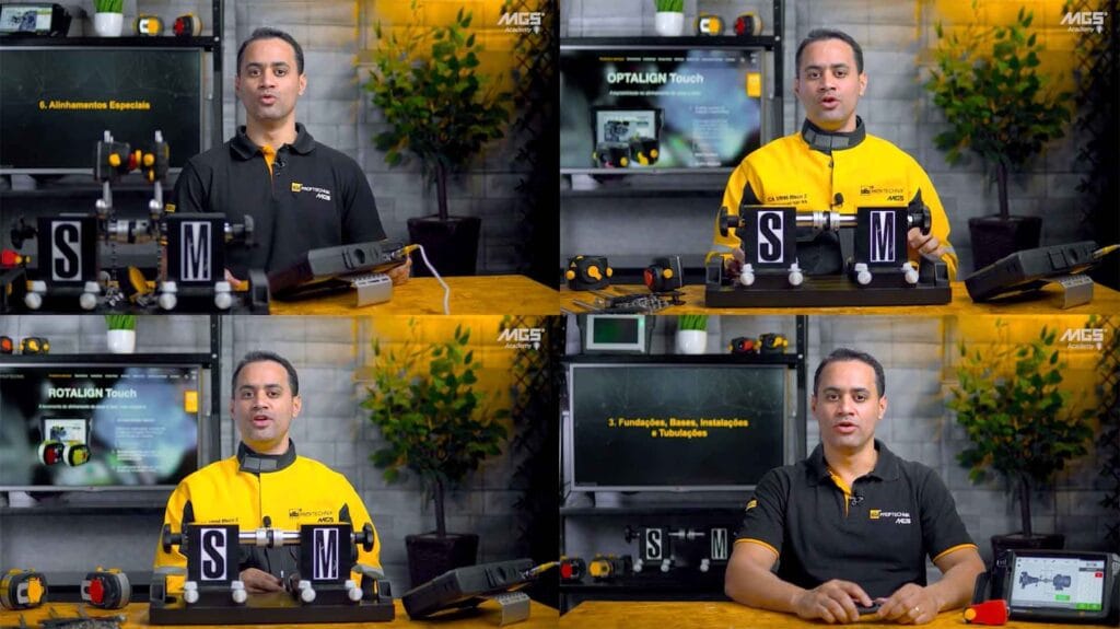 Instrutor da MGS Academy explica alinhamento com equipamento ROTALIGN Touch em ambiente técnico.