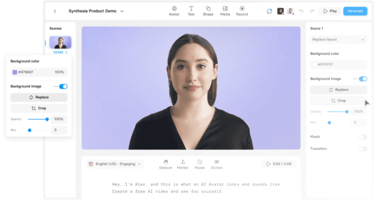 Demonstração do produto Synthesia com avatar digital em fundo lilás, interface de usuário para criação de vídeo por IA.
