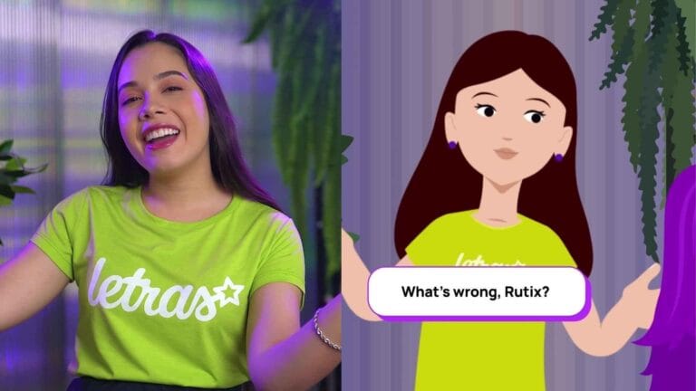 Mulher sorridente e personagem animada com camiseta letras em fundo colorido. Texto: What's wrong, Rutix?