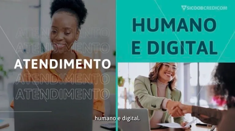 Mulher sorrindo realizando atendimento digital. Texto: Atendimento humano e digital.
