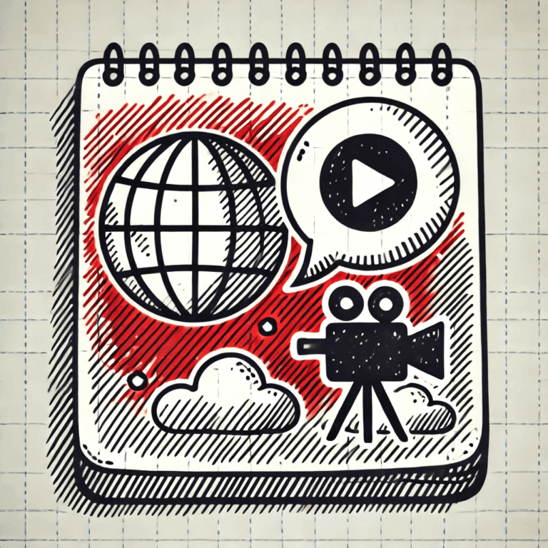 Bloco de notas com desenhos de globo, câmera, nuvem e ícone de vídeo em estilo doodle, sobre fundo quadriculado.