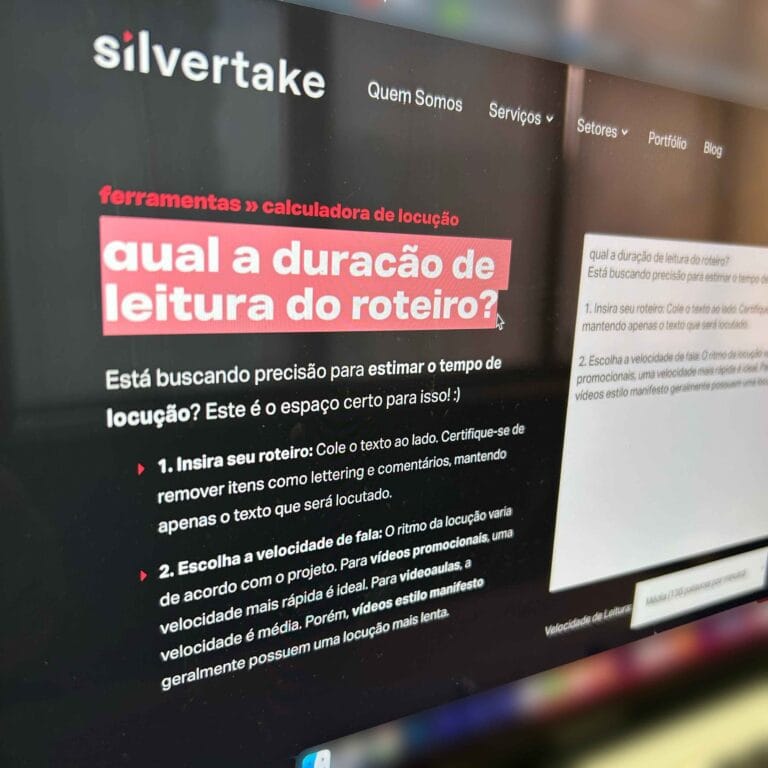 Texto sobre cálculo da duração de locução para vídeos em tela de computador exibindo o site Silvertake.