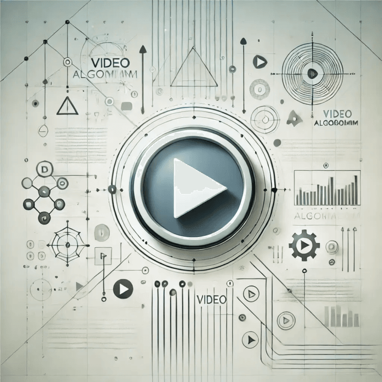 Botão de play central rodeado por gráficos e diagramas representando algoritmos de vídeo e tecnologia.