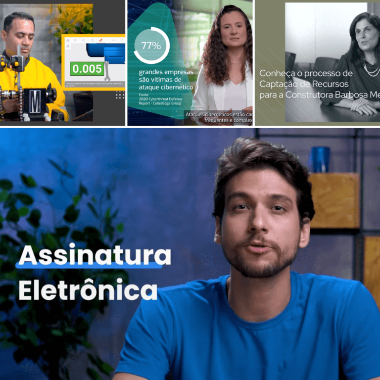 Pessoa falando sobre assinatura eletrônica; infográficos de segurança cibernética e recursos para construtora ao fundo.