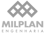 Logotipo da Milplan Engenharia com design de formas geométricas sobre o nome da empresa em letras maiúsculas.