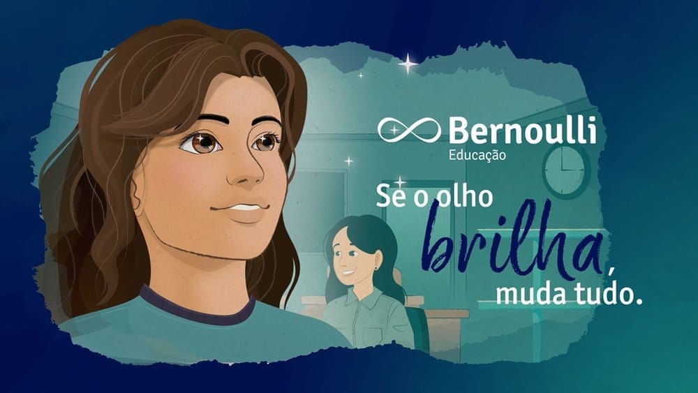 Ilustração de uma aluna brilhando, com o texto motivacional: Se o olho brilha, muda tudo. Bernoulli Educação.