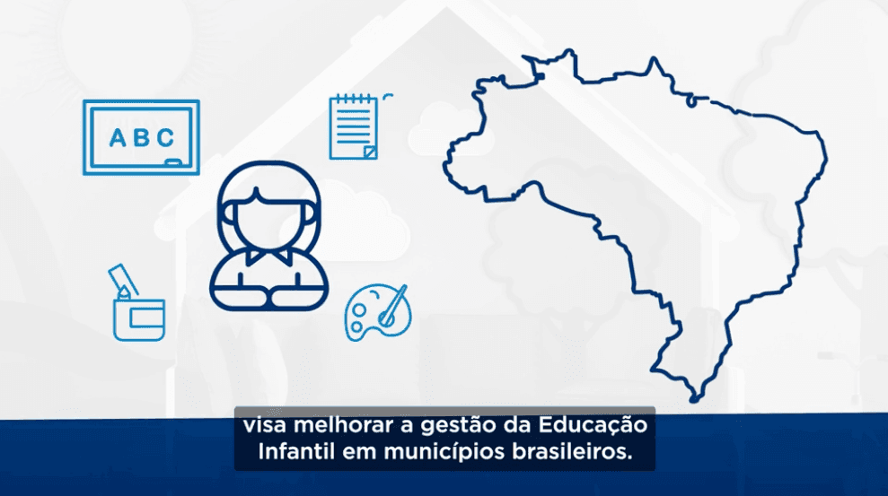 Mapa do Brasil com ícones de educação infantil, destacando melhorias em municípios brasileiros.