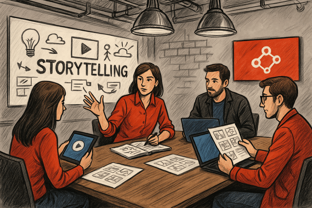 Reunião de equipe discutindo estratégias de storytelling com laptops e apresentações em um ambiente de trabalho colaborativo.