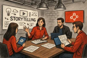Reunião de equipe discutindo estratégias de storytelling com laptops e apresentações em um ambiente de trabalho colaborativo.