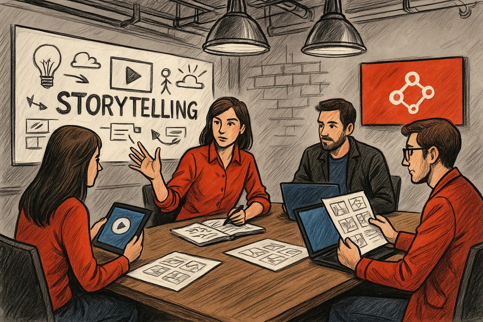 Reunião de equipe discutindo estratégias de storytelling com laptops e apresentações em um ambiente de trabalho colaborativo.