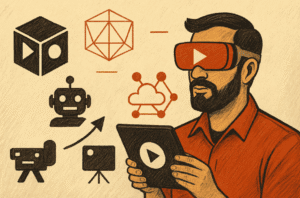 Usuário com óculos de realidade virtual explorando tecnologia e computação em nuvem em um dispositivo móvel.