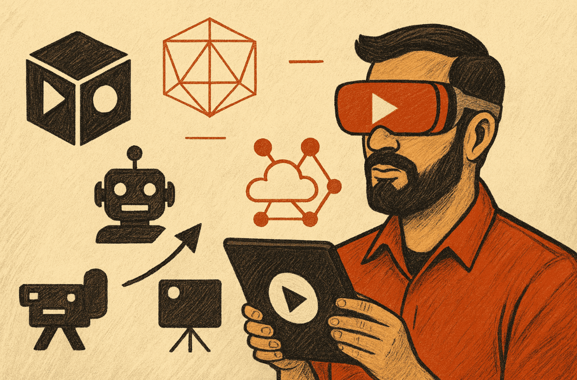 Usuário com óculos de realidade virtual explorando tecnologia e computação em nuvem em um dispositivo móvel.
