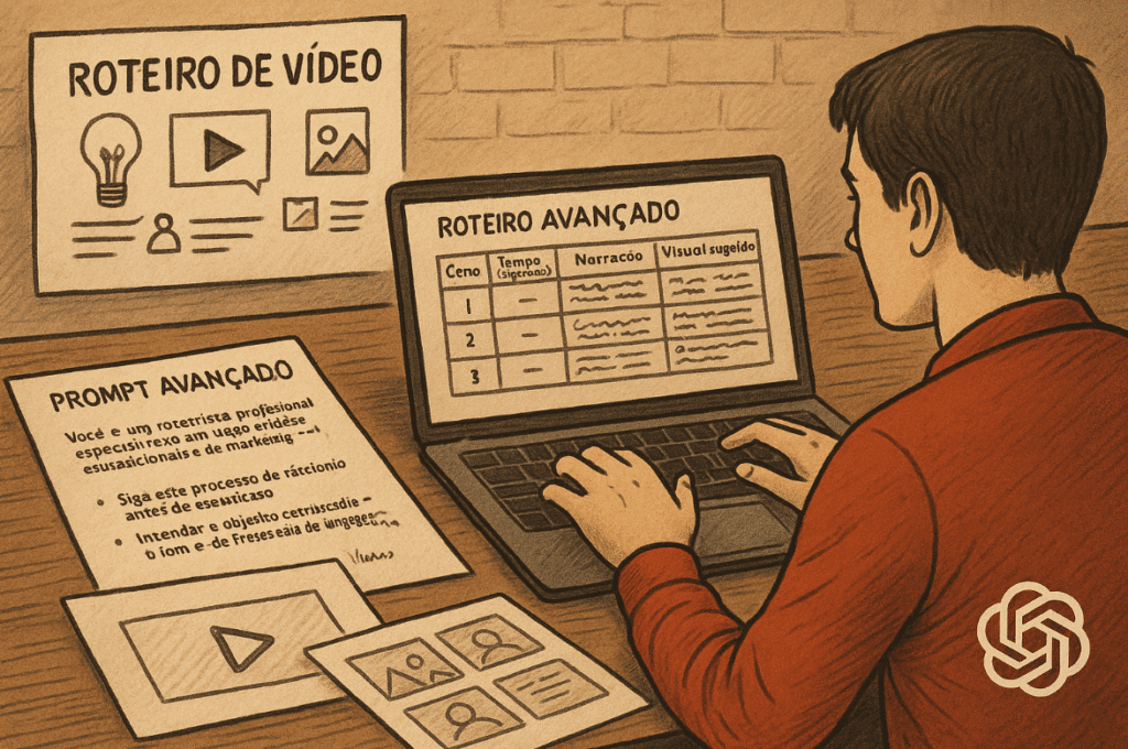 Homem criando um roteiro avançado de vídeo no laptop, com conceitos de narração e visualização.