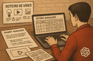 Homem criando um roteiro avançado de vídeo no laptop, com conceitos de narração e visualização.