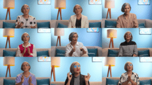 Mulher em várias cenas de um vídeo, sentada em um sofá com almofadas da Thoughtworks, fundo azul.