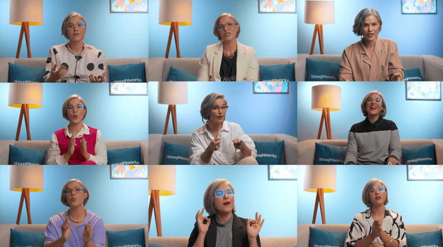 Mulher em várias cenas de um vídeo, sentada em um sofá com almofadas da Thoughtworks, fundo azul.