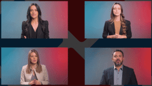 Quatro pessoas em trajes formais participando de uma videoconferência com fundo colorido.