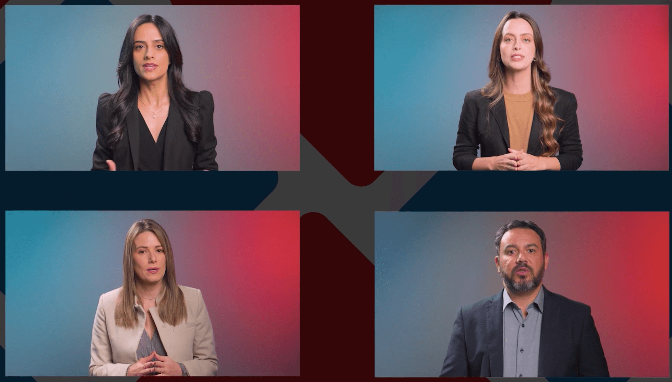 Quatro pessoas em trajes formais participando de uma videoconferência com fundo colorido.