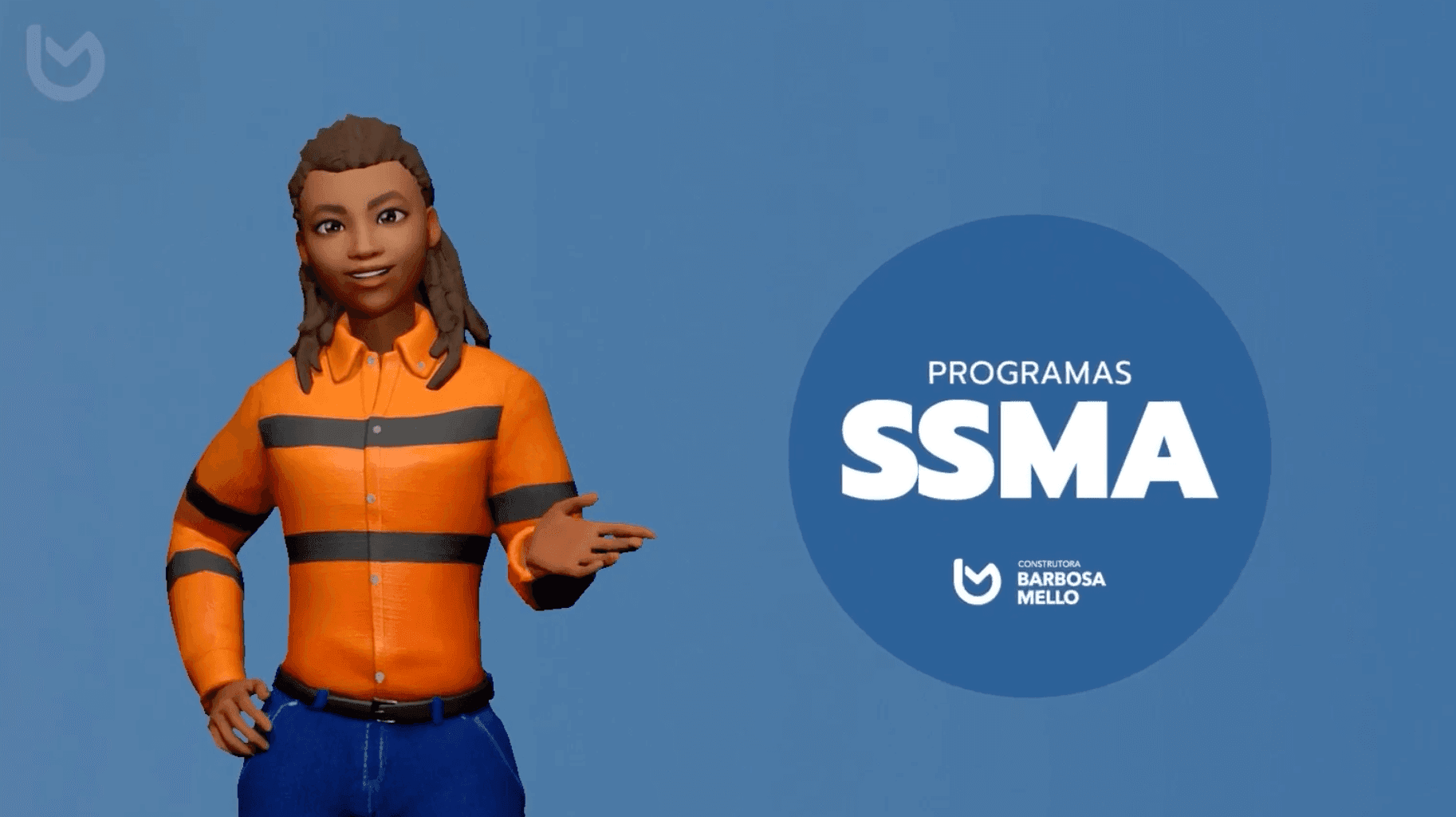 Avatar sorridente em uniforme laranja ao lado do logotipo Programas SSMA em fundo azul.