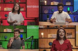 Professores gravando aulas de História e Química em estúdios coloridos com temática educacional.