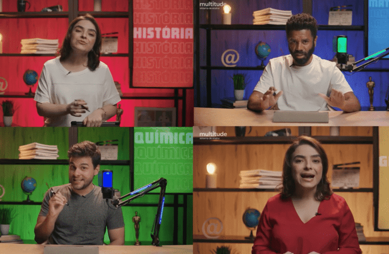 Professores gravando aulas de História e Química em estúdios coloridos com temática educacional.