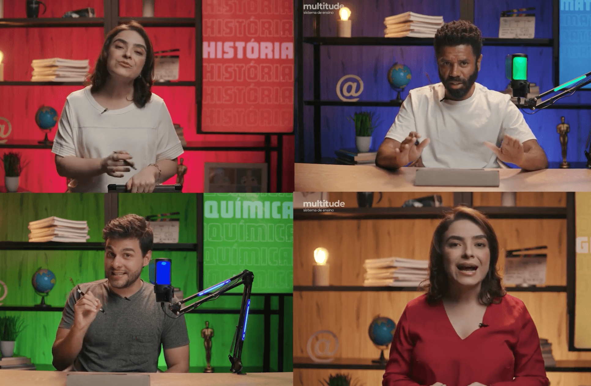 Professores gravando aulas de História e Química em estúdios coloridos com temática educacional.