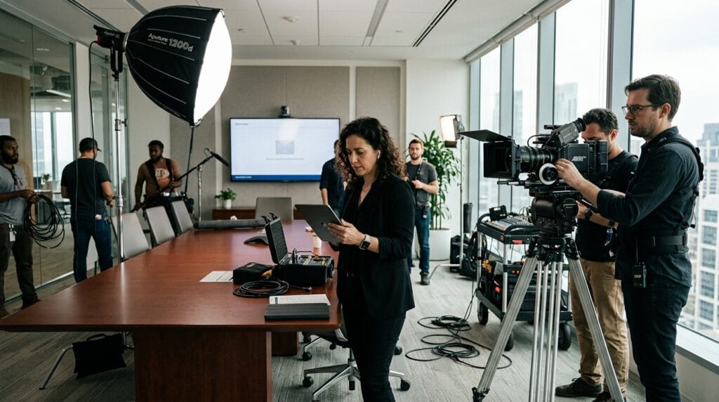 Equipe de filmagem em escritório moderno, com profissionais ajustando equipamentos e computador em mesa.
