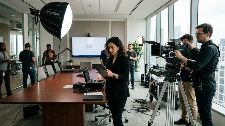 Equipe de filmagem em escritório moderno, com profissionais ajustando equipamentos e computador em mesa.