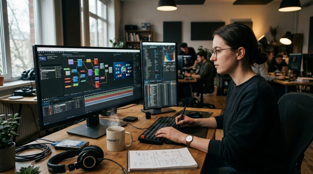Mulher trabalhando em computador em um escritório moderno, com gráficos e anotações em sua mesa.