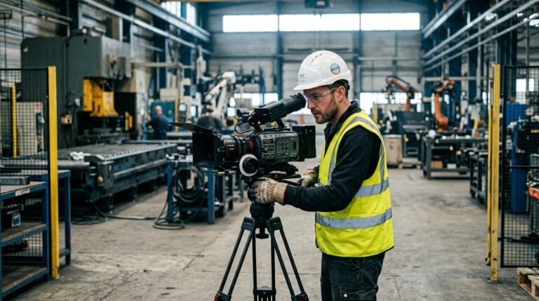 Cameraman em um ambiente industrial preparando gravação, usando capacete e colete de segurança.