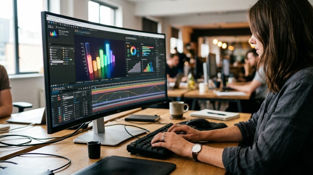 Pessoas trabalhando em um escritório, criando gráficos coloridos em um computador moderno com software de análise de dados.