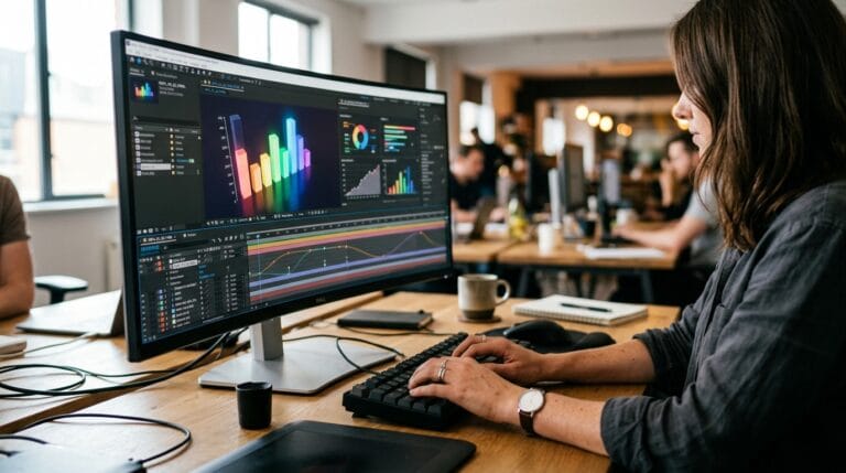 Pessoas trabalhando em um escritório, criando gráficos coloridos em um computador moderno com software de análise de dados.