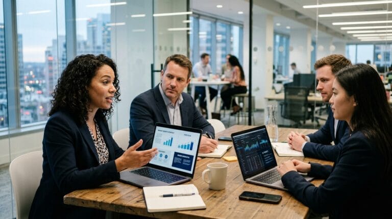 Reunião de negócios com profissionais analisando gráficos e dados em laptops em um ambiente moderno de escritório.