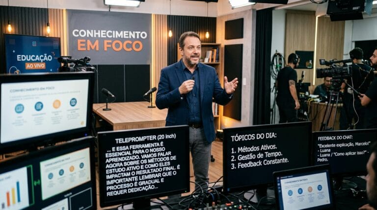 Apresentador aborda educação ao vivo, com temas como métodos ativos e feedback, em um estúdio moderno.