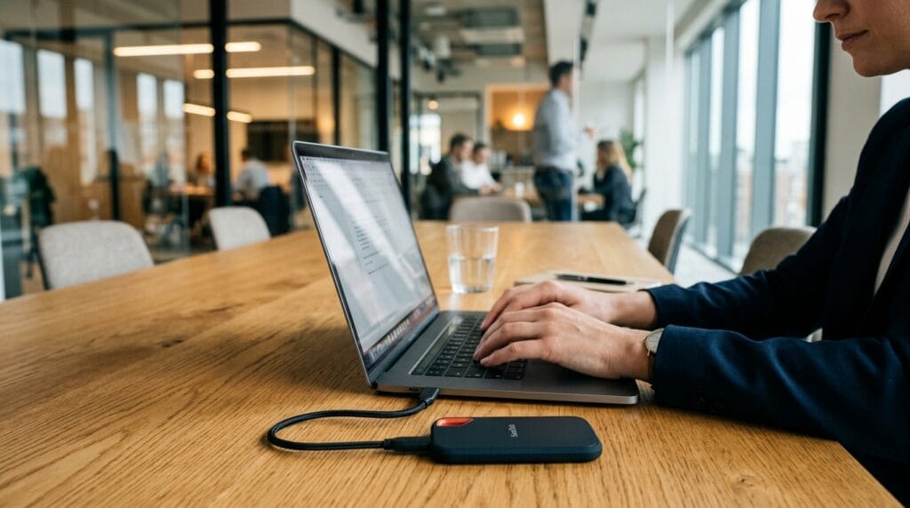Pessoa digitando em laptop conectado a um HD externo em mesa de reunião moderna com janelas amplas.
