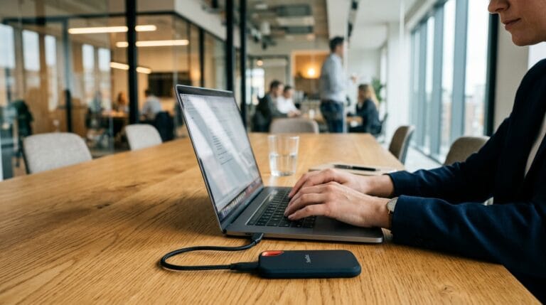 Pessoa digitando em laptop conectado a um HD externo em mesa de reunião moderna com janelas amplas.