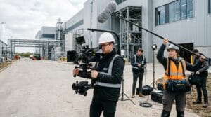 Equipe de filmagem em ação em fábrica, capturando imagens e som com equipamentos profissionais.