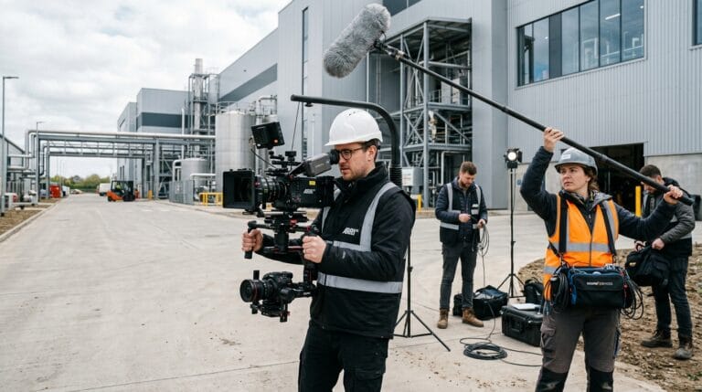 Equipe de filmagem em ação em fábrica, capturando imagens e som com equipamentos profissionais.