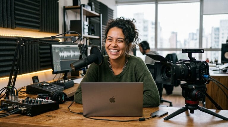 Mulher sorridente em estúdio com microfone e câmera ao lado de um laptop, pronta para gravar.